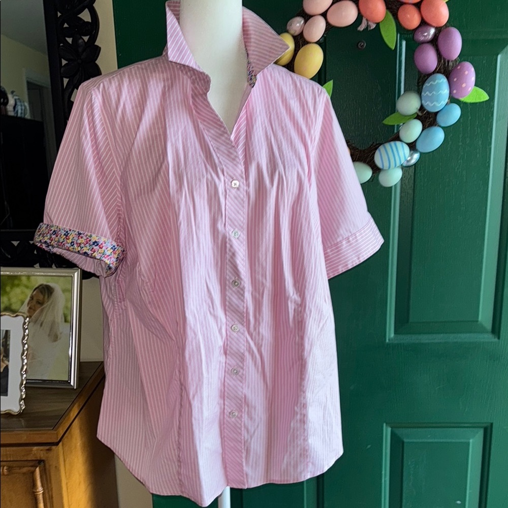 Talbots Pink Striped Button-Down with Floral Cuff